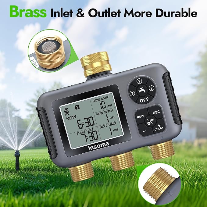 Insoma Water Timer with Brass Inlet, 3 Independent Zones Outdoor Hose Timer for Garden Faucet with Auto/Manual/Rain Delay Mode, IPX5 Waterproof, Sprinkler Irrigation Controller for Yard Lawn