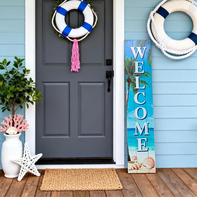 Vertical Wood Welcome Sign for Front Porch Vertical Decorative Sign Front Door Outdoor Indoor Welcome Sign 47.2x7.8 Inch Beach Shell Outdoor Decor for Welcome Front Porch Decorations.