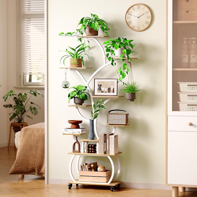 Plant Stand with Grow Lights 2-Pack, 61" Tall Indoor Plant Shelf with Multi-Color Full Spectrum LED Grow Lights and 360° Lockable Wheels, 10-Tier Tree-Shaped Decorative Plant Rack Set of 2, for Living Room, Balcony & Office, White and Oak