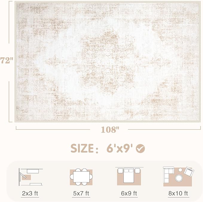 Area Rug 6x9 Vintage Rug: Washable Living Room Rugs Retro Medallion Distressed Large Rugs Soft Low Pile Non-Slip Indoor Floor Carpet for Bedroom Kitchen Nursery Dining Table Office (Beige, 6'x9')