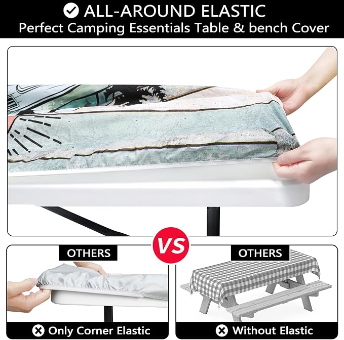 Picnic Table Cover with Bench Covers 6FT Outdoor Camping Essentials Waterproof Fitted Picnic Table Cloth Wood Texture Fitted Picnic Tablecloth with Elastic(3pcs-72")
