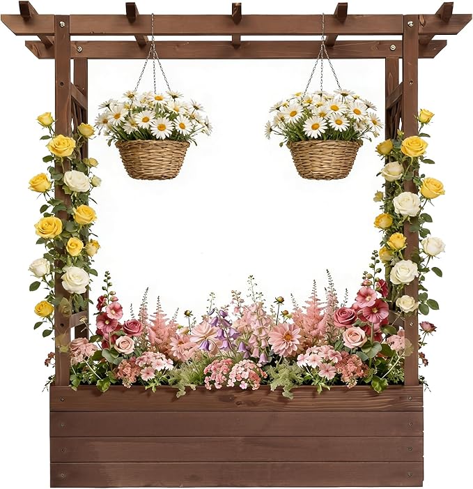 VINGLI Raised Garden Bed with Trellis & Hanging Roof, Wooden Elevated Planter Box with Drainage Holes for Outdoor Climbing Plants Vegetables Flowers, Patio Yard Balcony (Carbonized, Medium)