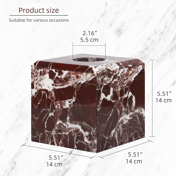 Natural Marble Square Tissue Box Cover ,Stone Modern Decorative Sturdy Napkin Box Holder Case,Facial Paper Organizer for Bathroom Vanity Toilet Countertop,Kitchen (1, Rosso Lepanto, 5.71*5.71*5.51)