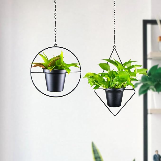 Modern Metal Hanging Planters Set of 2 - Round and Diamond Geometric Plant Hangers with 5 Inch Pots - Black Wall and Ceiling Mount Flower Holders for Indoor Houseplants, Boho Home Décor
