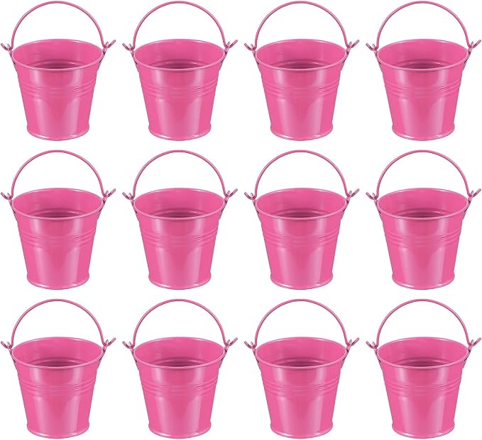 PATIKIL 2.7"x2.3" Small Metal Buckets with Handle, 12 Pcs Mini Galvanized Bucket Colorful Easter Buckets for Crafts Party Favors Decoration, Rose Red