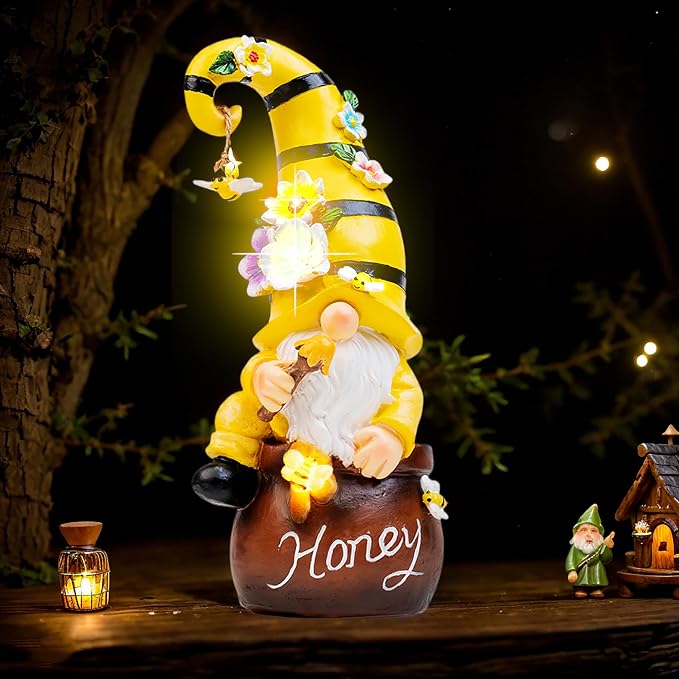 twinbling 13" Garden Solar Spring Gnomes Statues Outdoor | Birthday Gifts from Daughter Son Spring Decor with LED Lighted Bee and Flowers Funny Garden Sculpture for Patio Yard Lawn