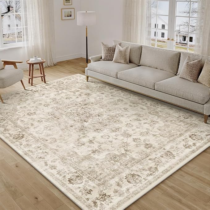 7x10 Beige Neutral Area Rug | Washable, Non Slip, Soft Low Pile, Vintage Farmhouse, for Living Room Bedroom Dining Room Office Indoor Home Decor