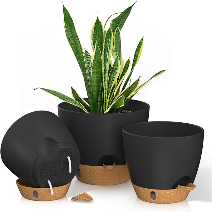 12/10/9 Inch Self Watering Pots for Indoor Outdoor Plants, Set of 3 Large Plastic Planters with Visual Water Window, Drainage Holes & Watering Lip, Modern Decorative Flower Pots (Black)