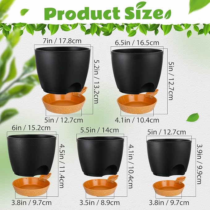 Remerry 15 Pcs 7/6.5/6/ 5.5/5 Inch Self Watering Planters with Drainage Hole Plant Pots Plastic Flower Pots Self Watering Pot and Saucer Reservoir for Garden Plant Flower(Black)