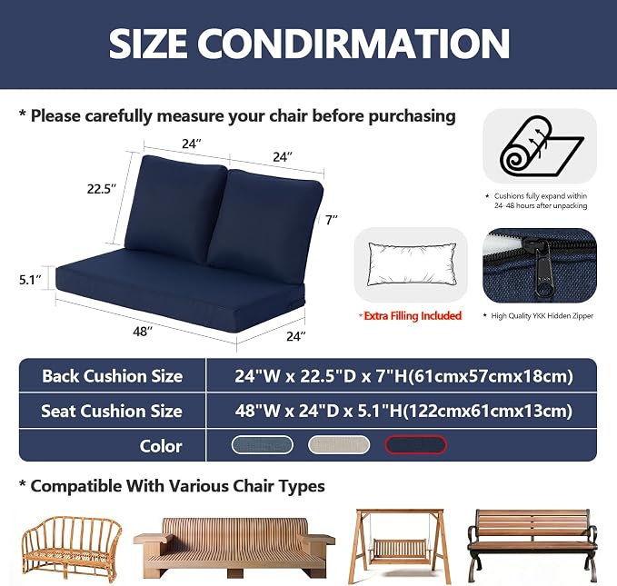 Goodgoods 48 x 24 Outdoor Loveseat Cushion Set, 1000+Hours Fade-Resistant & Water-Resistant Outdoor Furniture Chair Cushions with 30D High-Resilience Foam for Couch, Bench, and Swing, Midnight