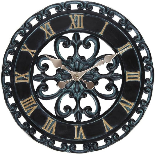 Lily's Home Hanging Verdigris Wall Clock, Ideal for Indoor or Outdoor Use, Makes a Great Housewarming Gift, Black (13.5 Inches)