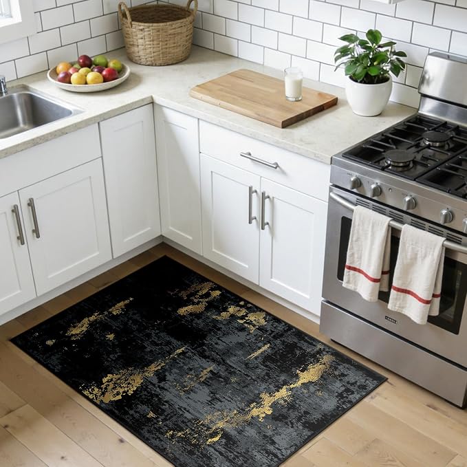 RELEANY Washable 3'x4' Abstract Area Rug for Living Room Black Gold | Carpet for Bedroom, Kitchen, Office, Hallway and Entryway, Printed Pattern, Non‑Slip, Soft, Stain‑Resistant, Easy to Clean