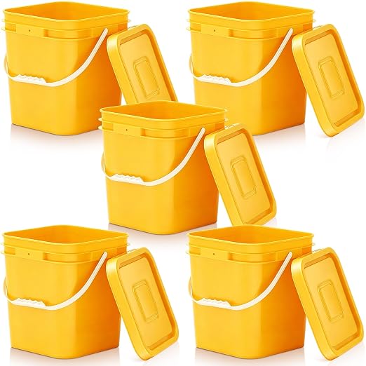 Mumufy 5 Pcs 3.5 Gallon Square Food Grade Bucket with Lid Square Bucket Pail Plastic Handles for Long Term Food Storage, Camping, Fishing, Home Organization Easy Stack and Store (Yellow)