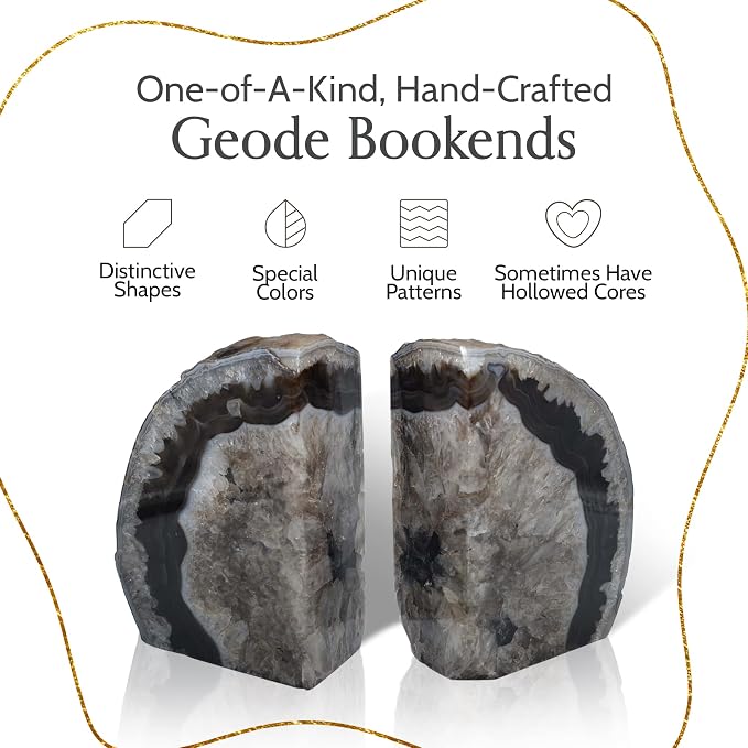 Nature's Decorations A Quality Black Agate Geode Bookends - Heavy Duty with Non-Skid Rubber Bumpers for Shelves, Office, Home Decor - Cool Crystal Stone (1 Pair 6-8 LB)