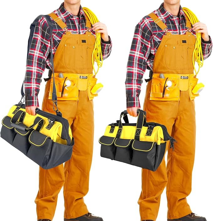 16-inch tool bags for men durable non-slip feet adjustable shoulder strap 14 functional pockets, for electricians, carpenters, gardening (yellow)