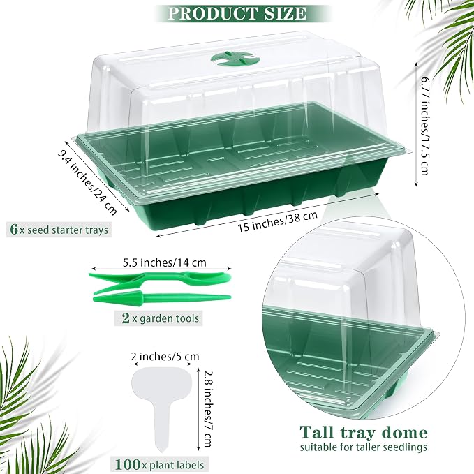 Hahood 6 Packs Seed Starter Tray Kits with Humidity Dome, Plastic Germination Growing Trays with Plants Labels Planting Tools for Seeds Growing Starting, Germination Seedling Propagation, Green