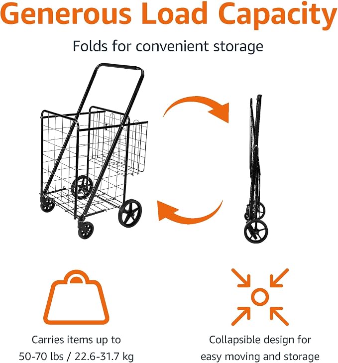 Amazon Basics Foldable Collapsible Shopping Utility Cart with 360-Degree Wheels, Multi-Functional for Sports, Easy Assembly, X-Large, Black