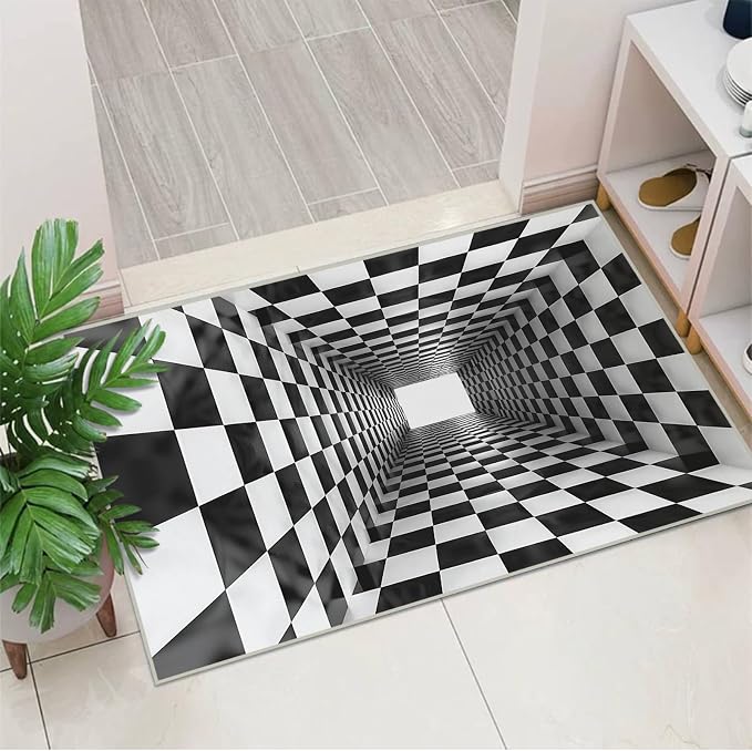 Boho Area Rug for Living Room Abstract 2x3 Entryway Rug Modern 3D Hole Trap Optical Visual Illusion Rugs Non Slip Low Pile Machine Washable Black White Floor Carpet for Indoor Bedroom Dining Room