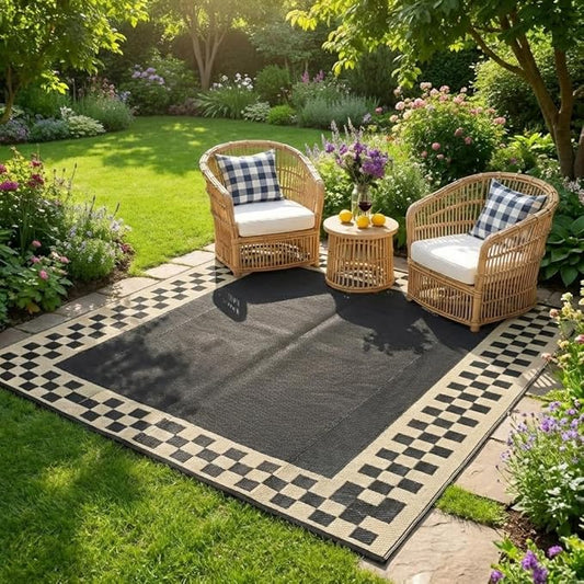 Waterproof Plastic Straw Outdoor Rug 9x18 Patio Reversible UV Resistant Foldable Camping Carpet Modern Geometric Border Large Outdoor Rugs for Deck, Camper, Balcony, Beach，Black/Coffee