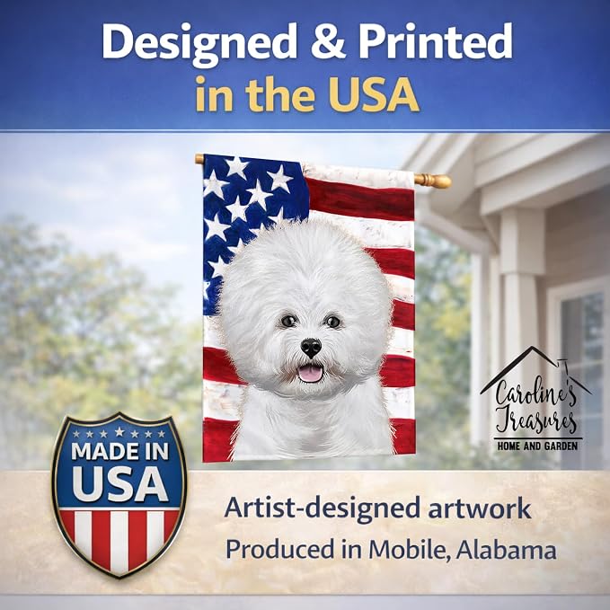 Caroline's Treasures CK6434CHF Bichon Frise American Flag House Flag Large Porch Sleeve Pole Decorative Outside Yard Banner Artwork Wall Hanging, Polyester, House Size, Multicolor