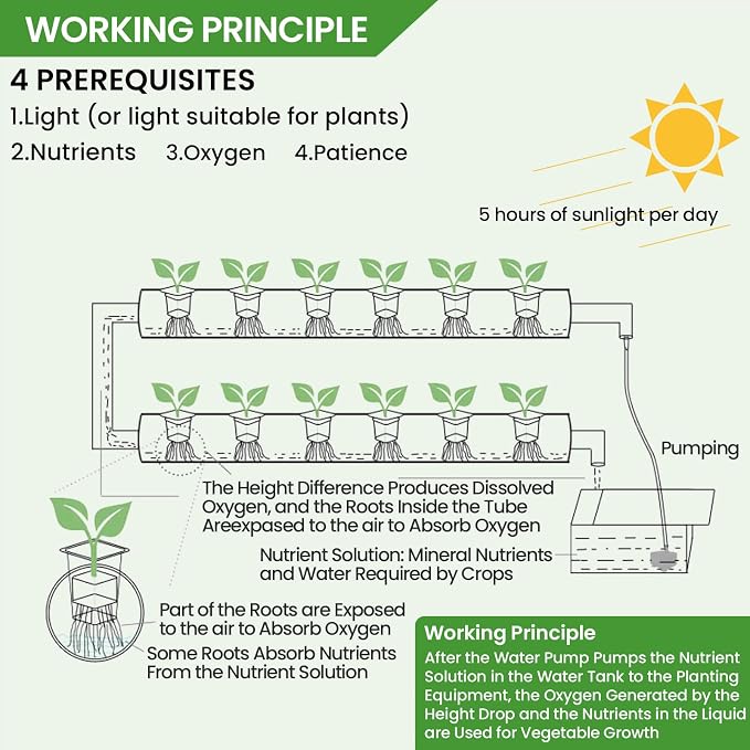 Upgraded Hydroponics Growing System, 36 Plant Sites, 1 Layers 4 Food-Grade PVC-U Pipes,hydroponics Growing System Kits, Gardening Systems Grow Kits with Water Pump Timer, nests Basket and Sponge