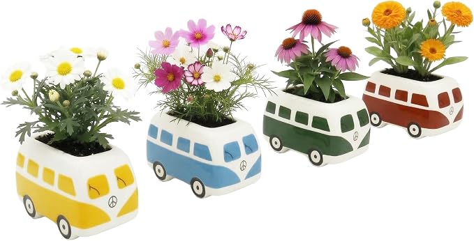 BUZZY Seeds Mini Ceramic Flower Bus Grow Kit 4-Pack - Bus Ceramic Planter - Complete Indoor/Outdoor Gardening Kit with Seeds, Coconut Husk Growing Medium & Genuine Pots - 100% Grow Guarantee