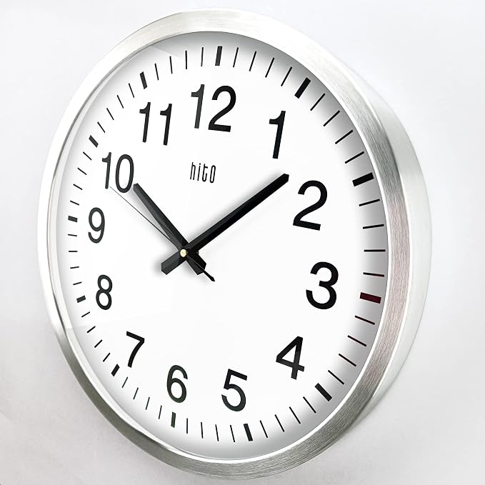 HITO 16" Silent Wall Clock Battery Operated Non Ticking Sweep Movement Glass Cover Silver Aluminum Frame, for Kitchen, Bedroom, Home Office, Living Room Decor