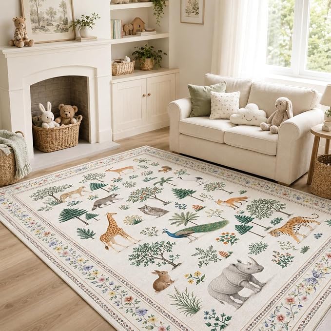 Area Rug 5x7 Jungle Animal Print Rug Wild Zoo Animals Forest Rugs for Living Room Machine Washable Non-Slip Printed Low Pile Indoor Carpet for Kids Room Nursery Bedroom Playroom,Beige