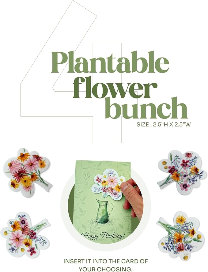 Birthday Cards – 4 Plantable Bouquet Inserts with Wildflower Seeds, 4 Birthday Cards & Envelopes for Kids, Adults, Friends, Family, Coworkers, Men and Women