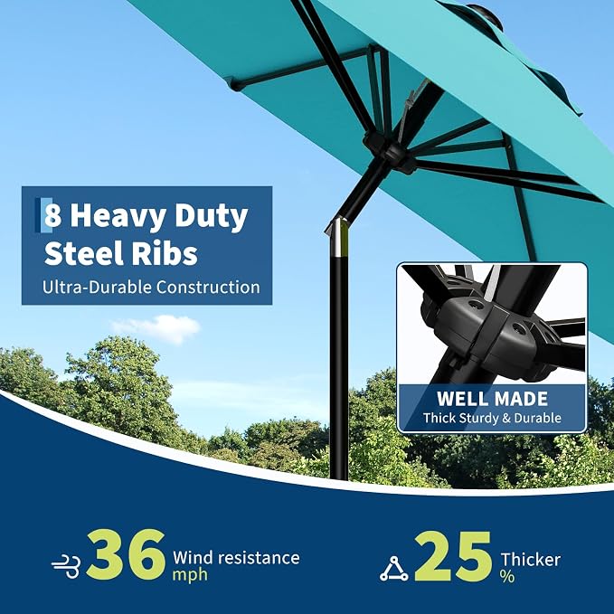 GarveeLife 9FT Umbrella Outdoor Patio, Table Umbrella with Push Button Tilt and Crank, 8 Sturdy Ribs Waterproof UV Protection for Garden, Pool, Deck, Backyard, Market (Sky Blue)