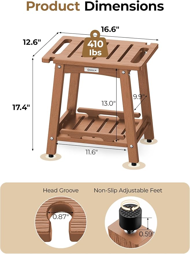 Shower Bench Seat, Non-Slip Shower Benches for Inside Shower to Sit on, HDPE Waterproof Shower Stool for Shaving Legs, Shower Chair with Adjustable Feet for Bathroom, Indoor/Outdoor Use, Teak