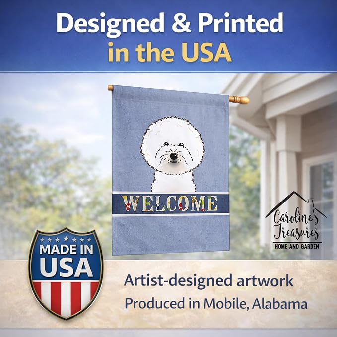 Caroline's Treasures BB1403CHF Bichon Frise Welcome House Flag, Blue Large Porch Sleeve Pole Decorative Outside Yard Banner Artwork Wall Hanging, Polyester, House Size, Multicolor