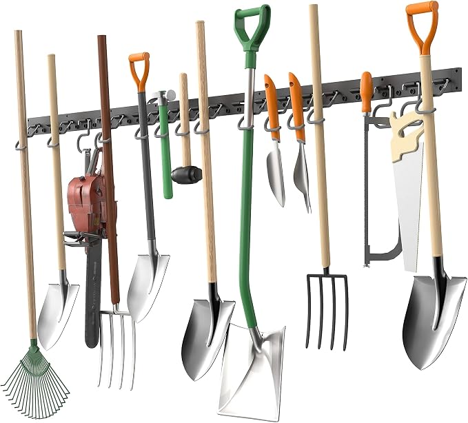 TORACK Plastic Wall Mounted Mop and Broom Holder, Garden Tools Organizer for Garage Wall, Yard Tool Storage Rack for Rakes, Shovels, Mops, Brooms (4 Tracks, 16 Hooks)