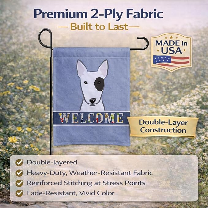 Caroline's Treasures BB1395GF Bull Terrier Welcome Garden Flag, Blue Mailbox Flag Decorative Yard Flag Banner Outside Patio Artwork Yard Flower Beds, Garden Size, Multicolor