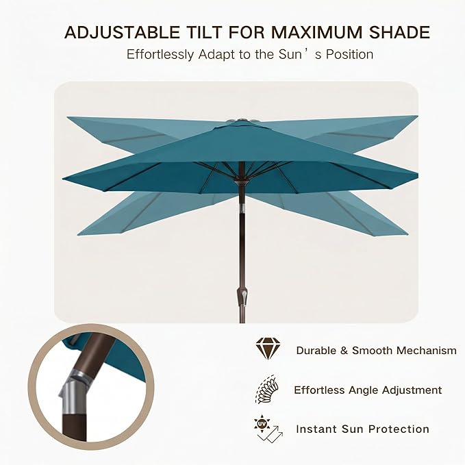 Kingdura 10FT Outdoor Patio Umbrella, Round Market Table Umbrella with Push‑Button Tilt and Crank Lift, 8 Sturdy Metal Ribs, UV50+ Protection Canopy for Backyard, Lawn, Deck, Poolside, Garden (Lake blue)