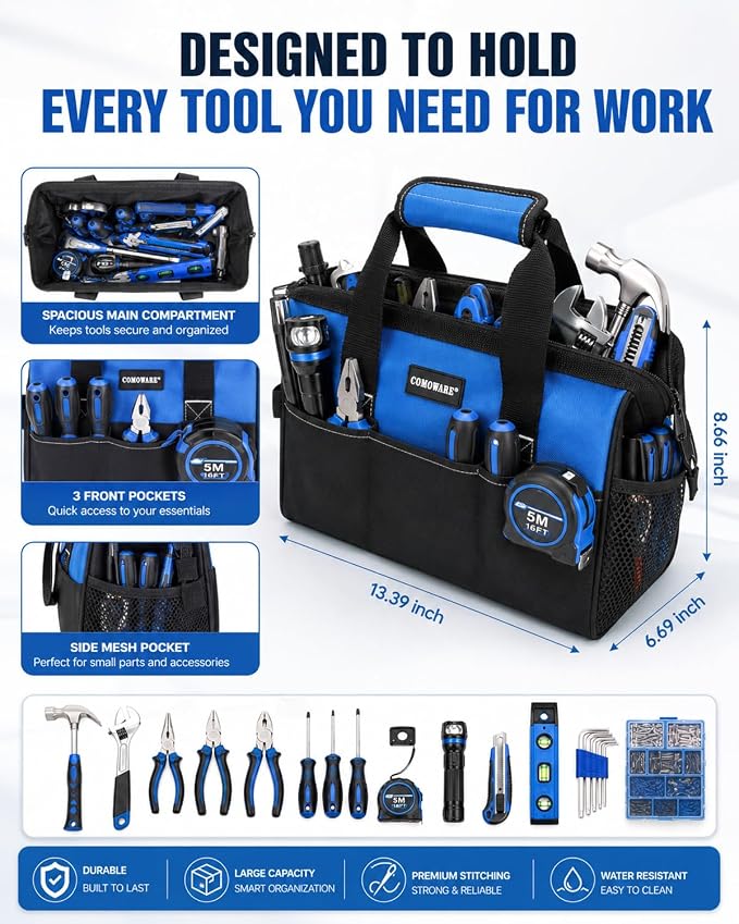 COMOWARE 13-Inch Tool Bag, Zip-top Wide Mouth Open top Tool Bag, Large Capacity Tool Organizer with Inside Pockets, Blue Tool Tote Bag for Carpenter, Mechanic and Home Repair