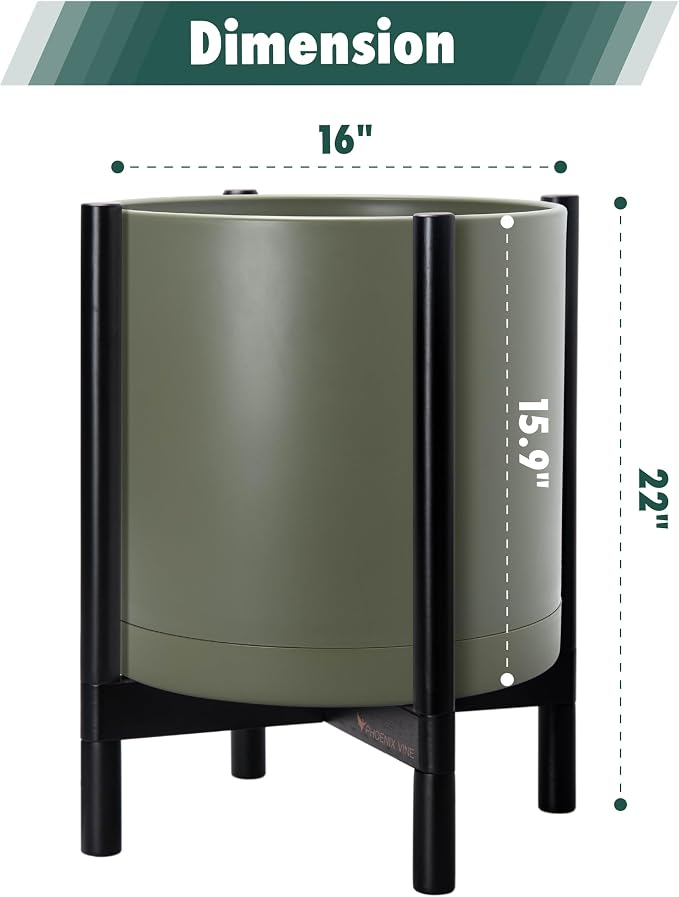 D'vine Dev Planter Pot with Stand - 16 Inch Plastic Cylinder Flower Pot with Wood Planter Holder for Indoor, Olive Pot + Ebony Stand, 55-C-Z-3