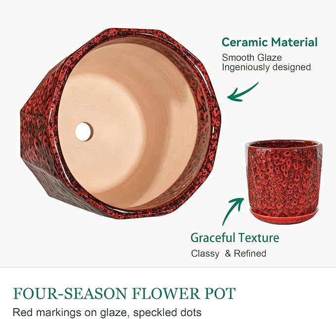 7.8 Inch Ceramic Plant Pot with Drainage Hole Mesh Net, Large Flower Pots for Indoor Plants with Saucer, Gardening Pots Outdoor (Red)
