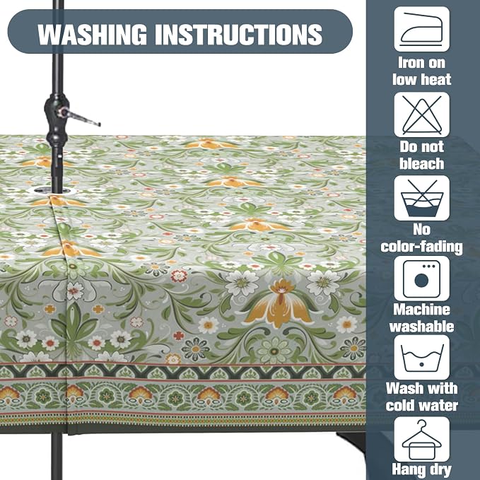 Green Outdoor Tablecloth with Umbrella Hole 60" x 120" Waterproof Zipper Table Cloth for Garden - Ideal Patio Table Cover for Picnics, Camping, and Yard Use