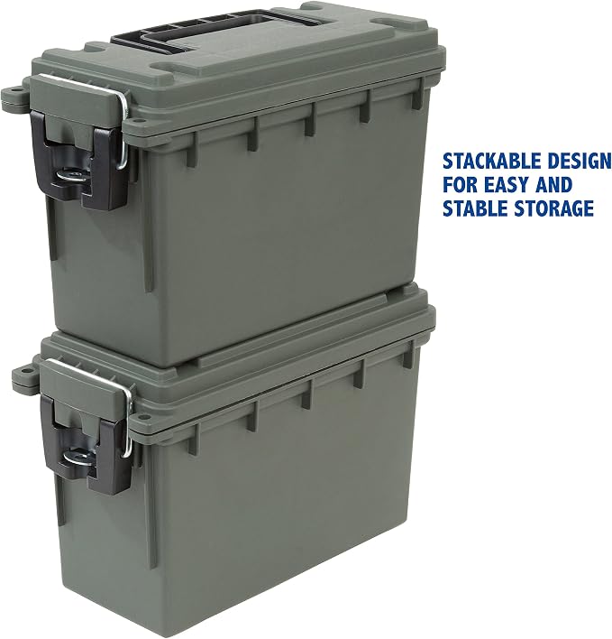 Sheffield 12626 Ammo Storage Box, Stackable .30 Cal Field Boxes, Water and Dust Resistant, Lockable Storage Box with Handle, Secures Hunting Gear, Supplies, and Bullets, Made in USA, Green(Pack of 6)
