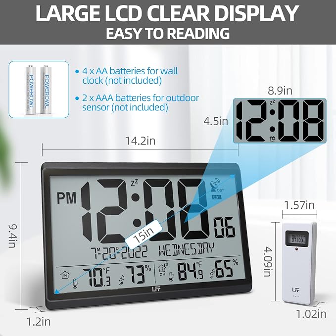 LFF Atomic Clock/Never Needs Setting, Battery Operated, Atomic Wall Clock with Indoor/Outdoor Temperature & Humidity, Wireless Outdoor Sensor, 15" Digital Wall Clock with 4.5" Numbers Easy-to-Read