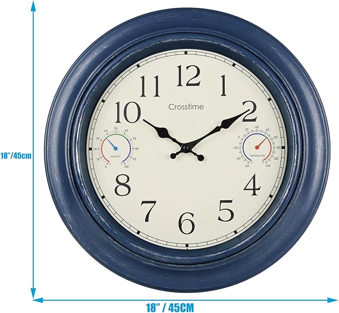 Crosstime 18 Inch Large Outdoor Clock with Thermometer & Hygrometer – Silent Retro Wall Clock Waterproof for Patio, Pool, Garden, Backyard Decor – Blue