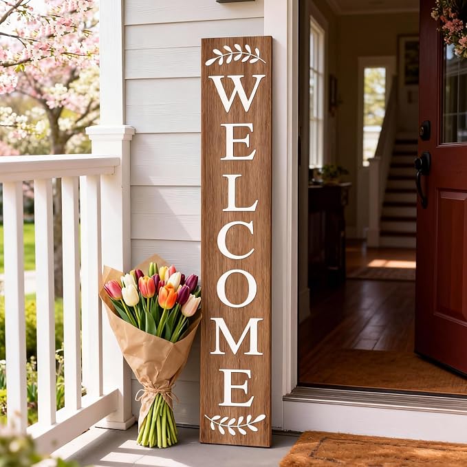 Farmhouse Wooden Welcome Sign Stand for Front Door, 47" Large Welcome Sign for Front Porch, Rustic Vertical Tall Porch Leaner Decor for Outdoor Patio Garden