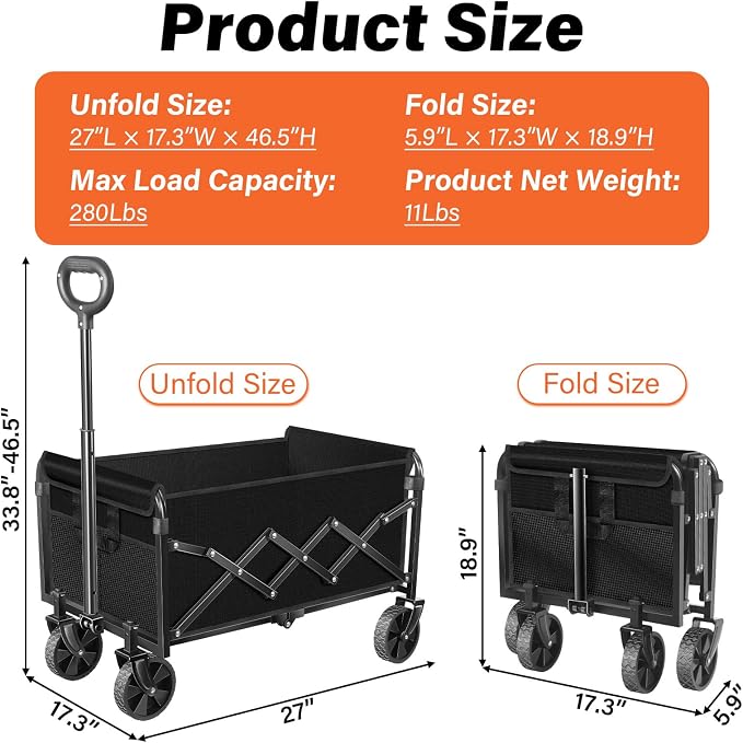 Wagons Carts Foldable - 280Lbs Collapsible Wagon Cart with Wheels Portable - Folding Wagon Lightweight for Camping, Sports, Travel, Picnic, Groceries, Shopping