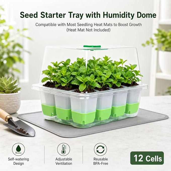 Silicone Seed Starter Tray with Humidity Dome, Indoor Seedling Starter Kit, 5-Pack Flexible Germination Trays - Adjustable Vent, Reusable & Dishwasher Safe for Herbs/Vegetables/Flowers