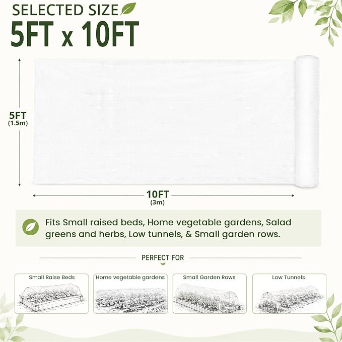 5Ft x 10Ft Garden Netting, Fine Mesh Insect Netting for Plant Protection, Mosquito Bug Bird Barrier Mesh Cover for Vegetables Fruits Flowers Raised Beds