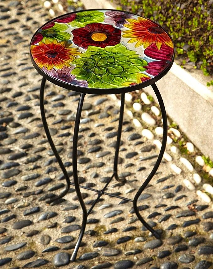Evergreen Garden Outdoor-Safe Round Summer Splash Glass and Metal Side Table - 12" L x 12" W x 22" Indoor Outdoor Side Tables for Your Patio, Lawn, Garden or Home Décor