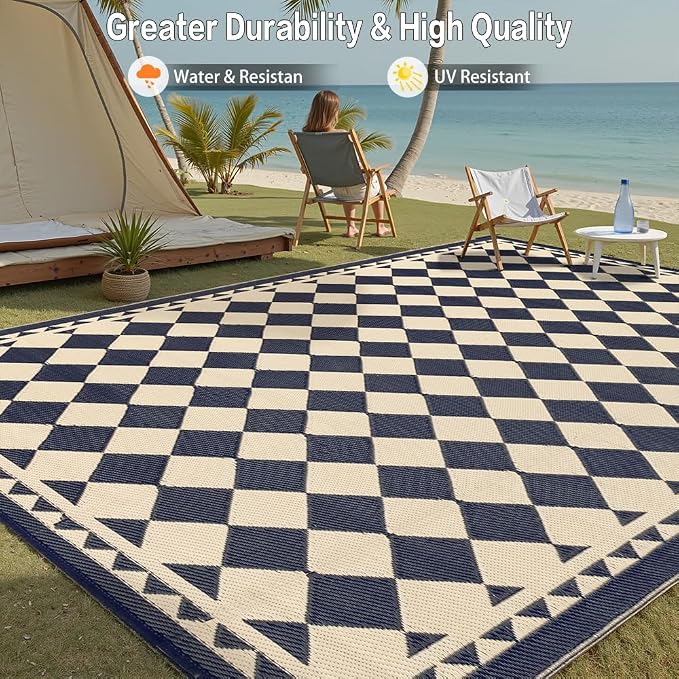 HUGEAR Outdoor Rug for Patios Clearance,Waterproof Mat,Large Outside Carpet,Reversible Plastic Straw Camping Rugs,Rv,Porch,Deck,Camper,Balcony,Backyard (8x10,Checkered/Black&Beige)