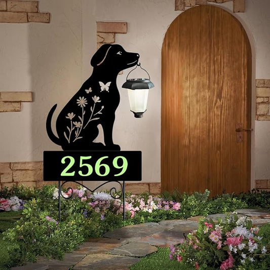 Solar House Numbers for Outside,YY Gardenia Metal Dog Address Signs for Houses with Glow in the Dark,Outdoor Decorative for Garden,Lawn,Patio,Pathway