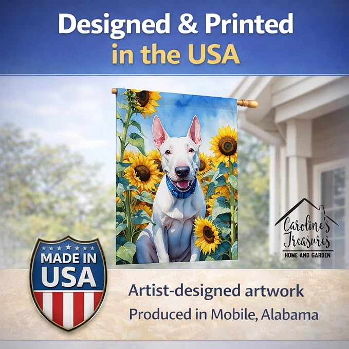 Caroline's Treasures DAC6071CHF English Bull Terrier in Sunflowers House Flag Large Porch Sleeve Pole Decorative Outside Yard Banner Artwork Wall Hanging, Polyester, House Size, Multicolor